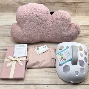 Baby Shower Gift Set Bundle Org Cotton Sheet Long Slv Bodysuits NB Bath Toy Stor